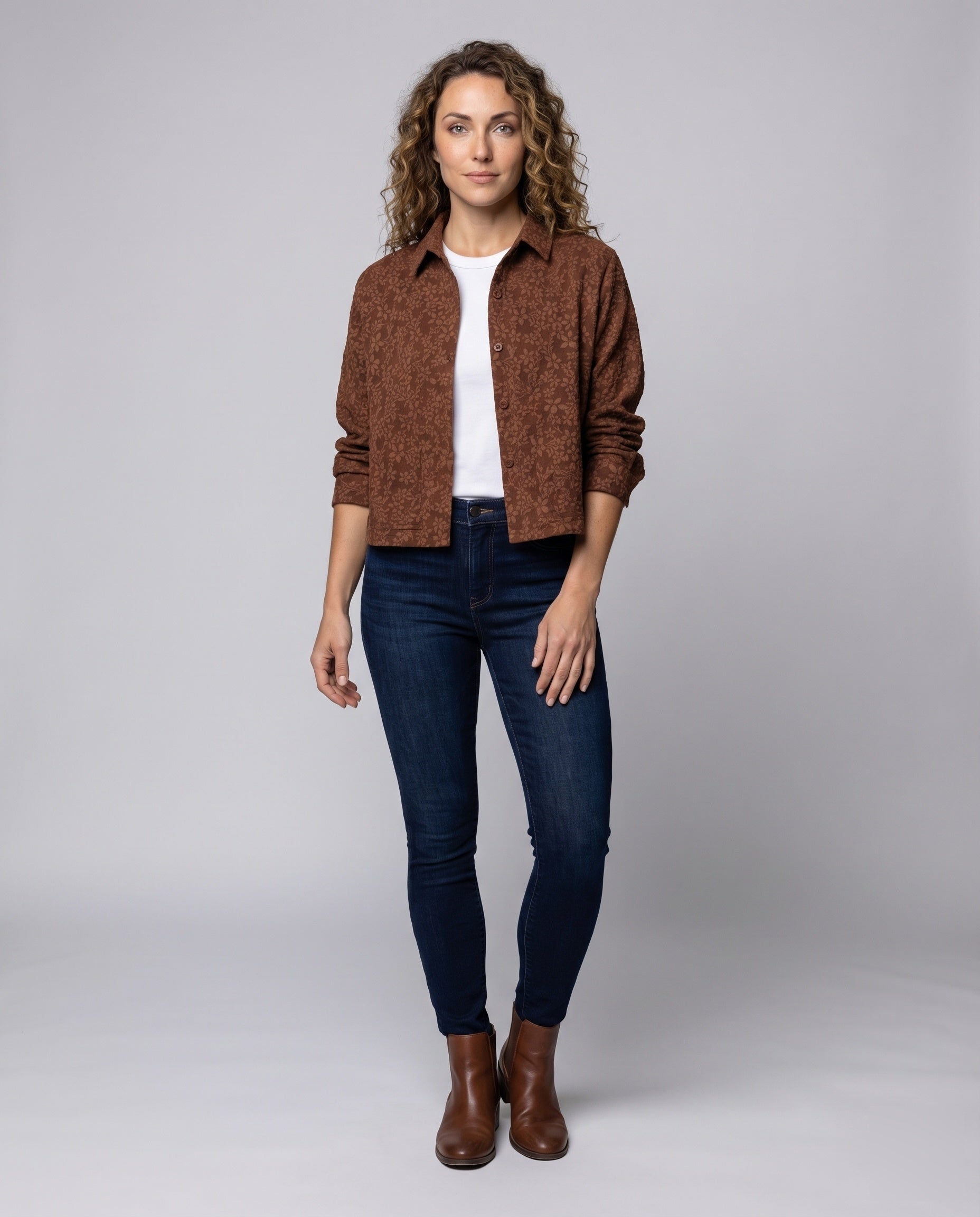 Women's Quilted Short Jacket Floral Jacquard Blouse Style - Front View