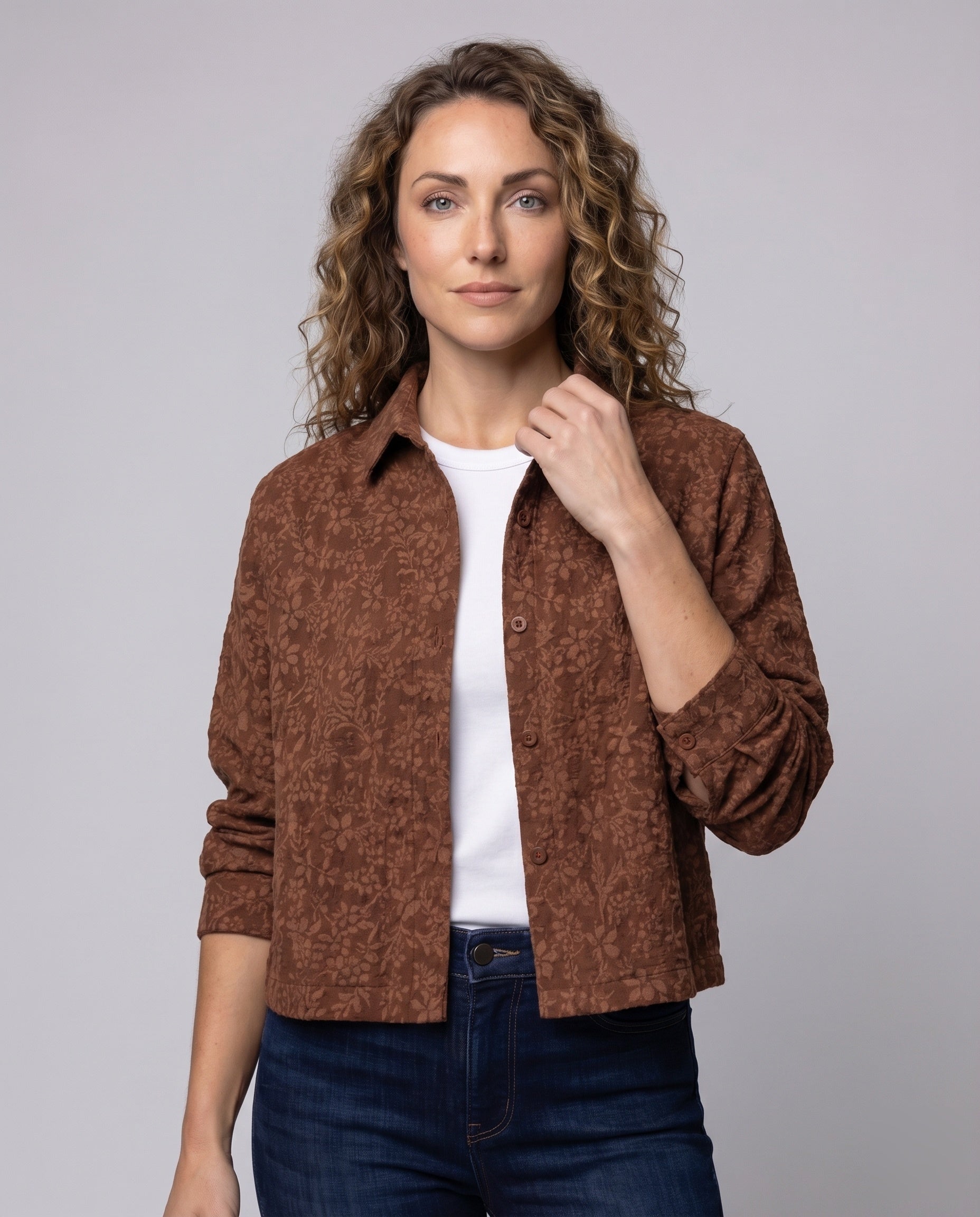 Women's Quilted Short Jacket Floral Jacquard Blouse Style - Upper Body View