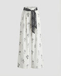 Women's Cotton-Linen Pants Floral Print Tie Belt Loose