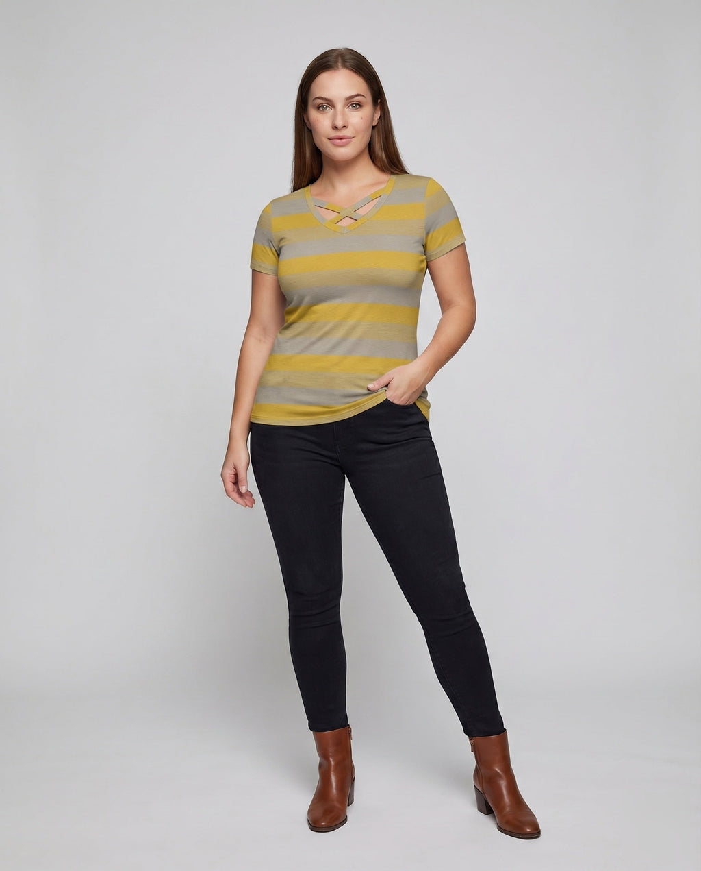 Women's Striped Short Sleeve Shirt Crossed V-Neck Light - Front View