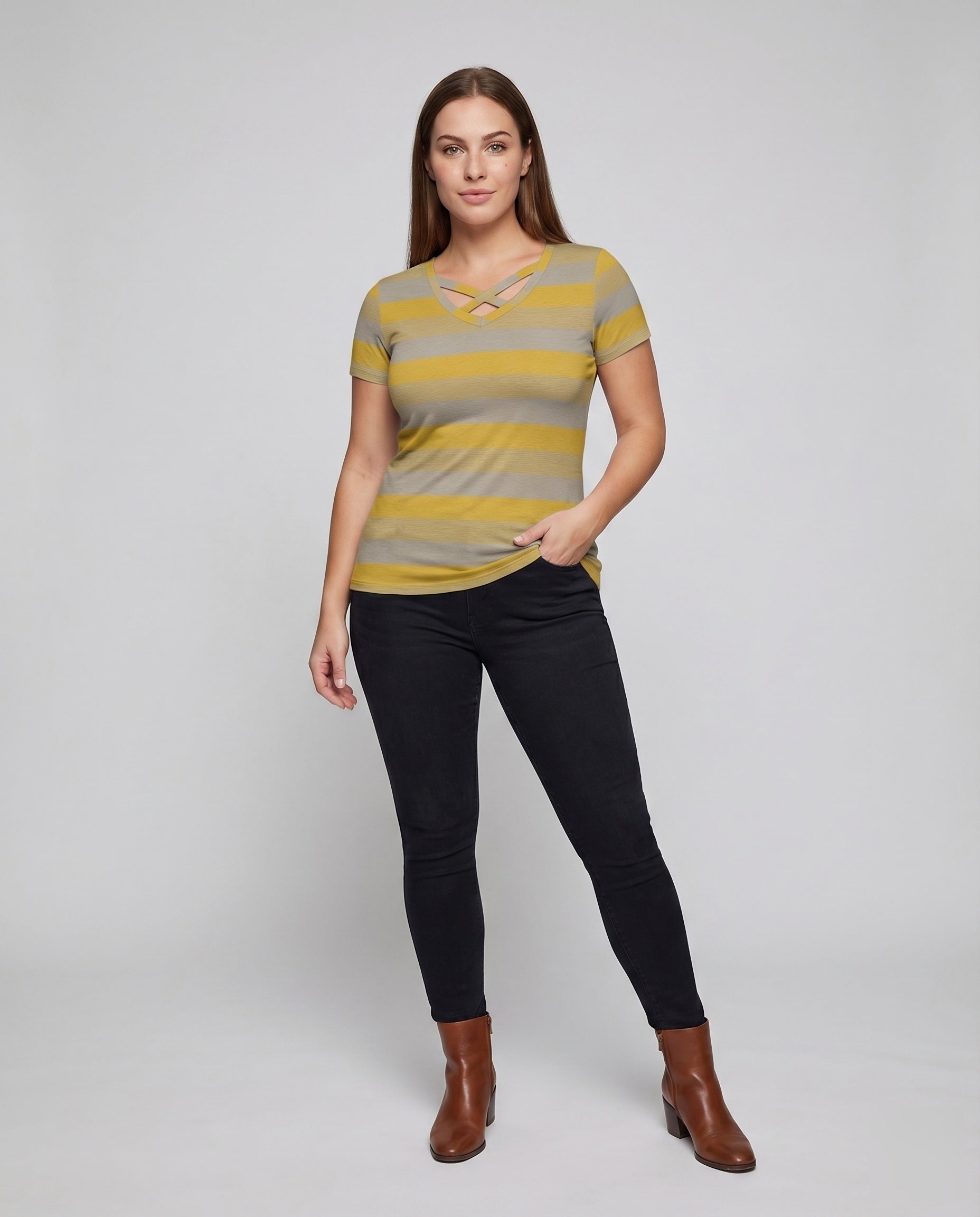 Women's Striped Short Sleeve Shirt Crossed V-Neck Light - Front View