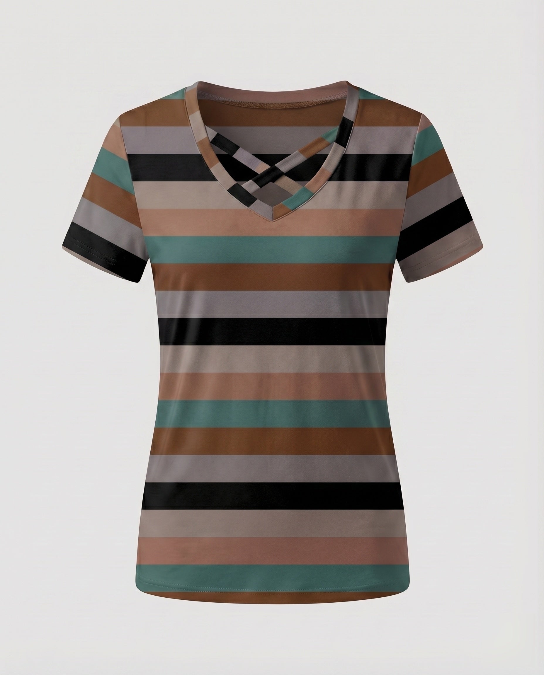 Women's Striped Short Sleeve Shirt Crossed V-Neck Light