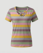 Women's Striped Short Sleeve Shirt Crossed V-Neck Light