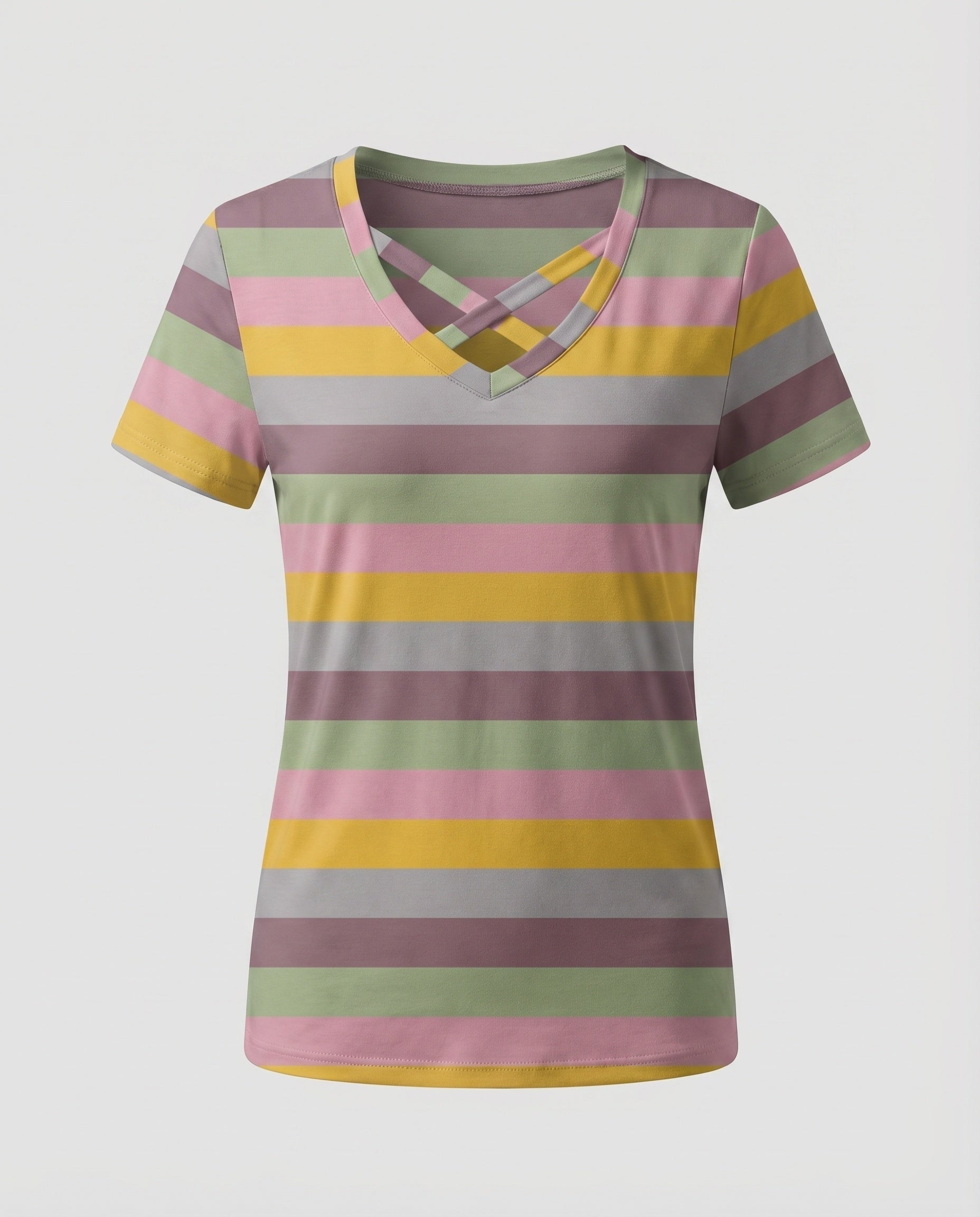 Women's Striped Short Sleeve Shirt Crossed V-Neck Light
