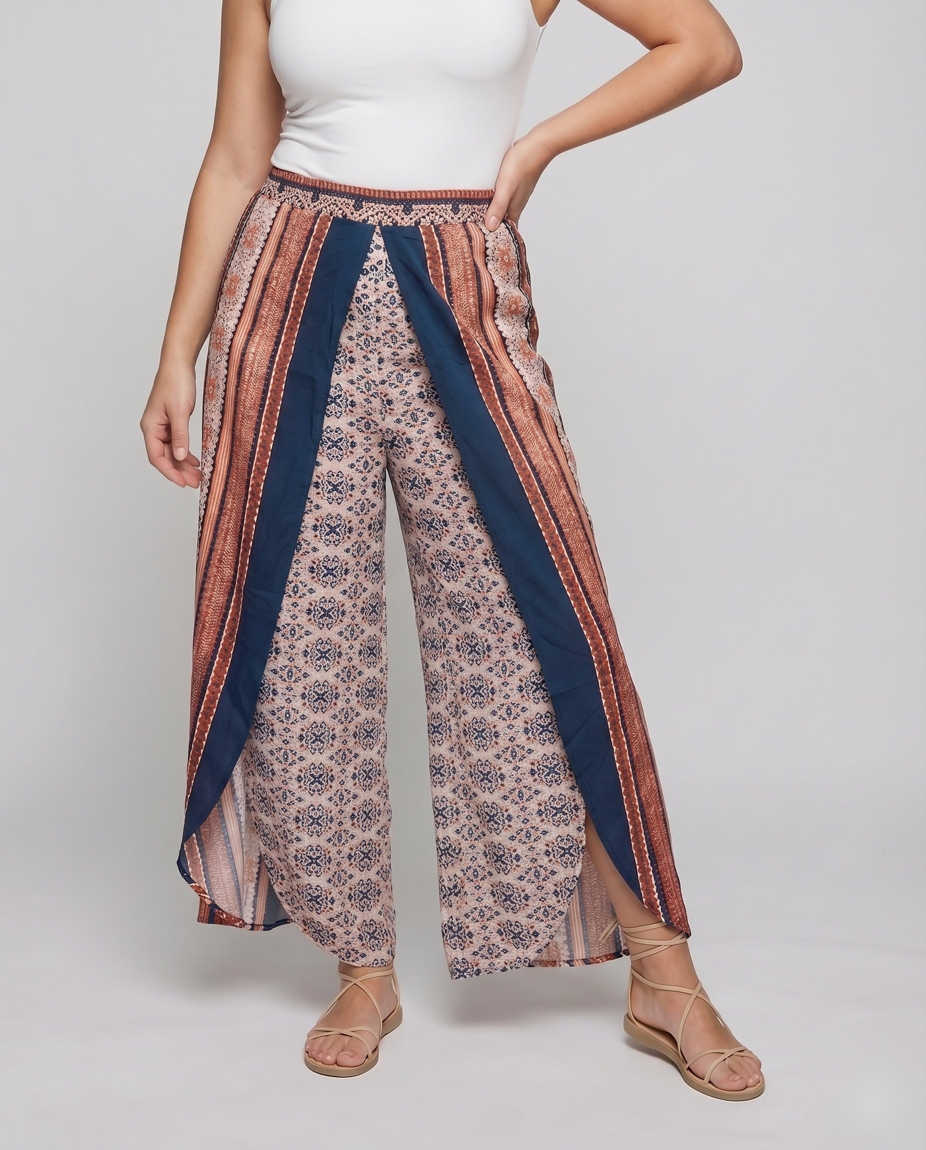 Women's Palazzo Pants Layered Look Ethno Print Boho - Lower Body View