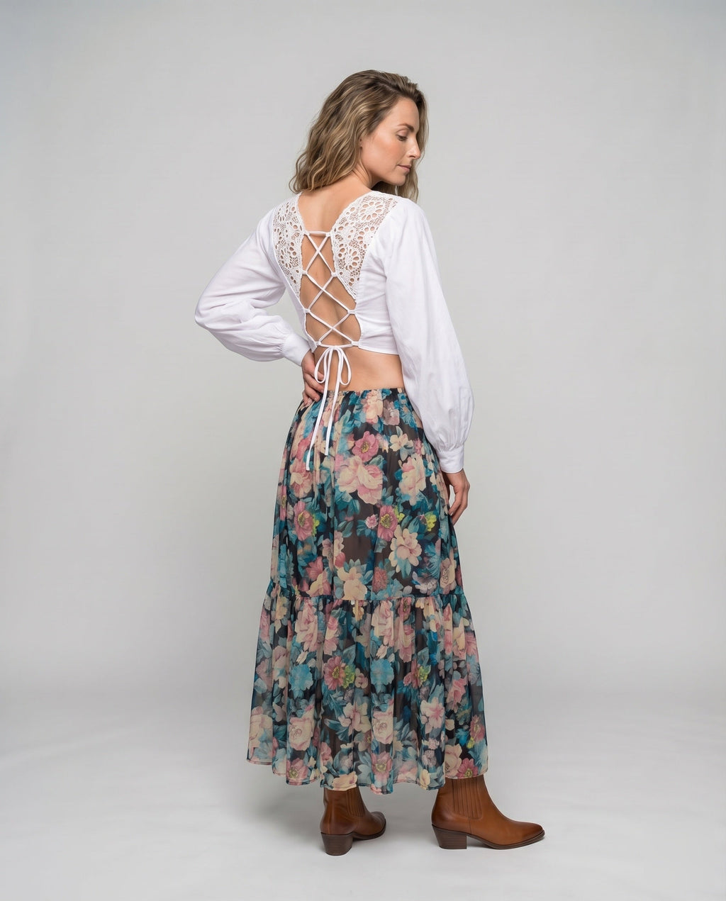 Women's Lace Blouse Top Lace-Up Detail Balloon Sleeves Backless - Back View