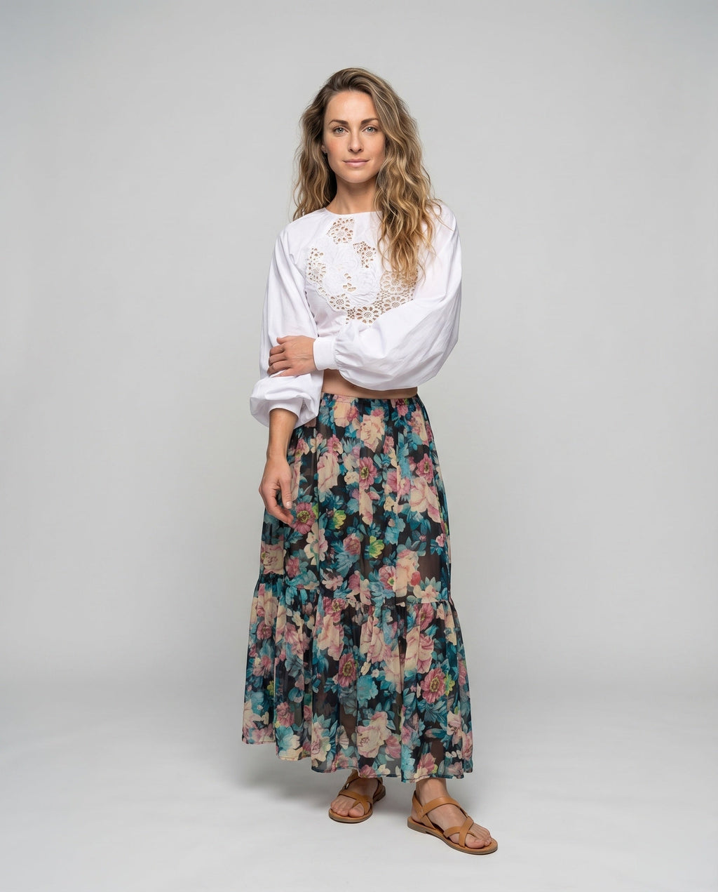Women's Lace Blouse Top Lace-Up Detail Balloon Sleeves Backless - Front View