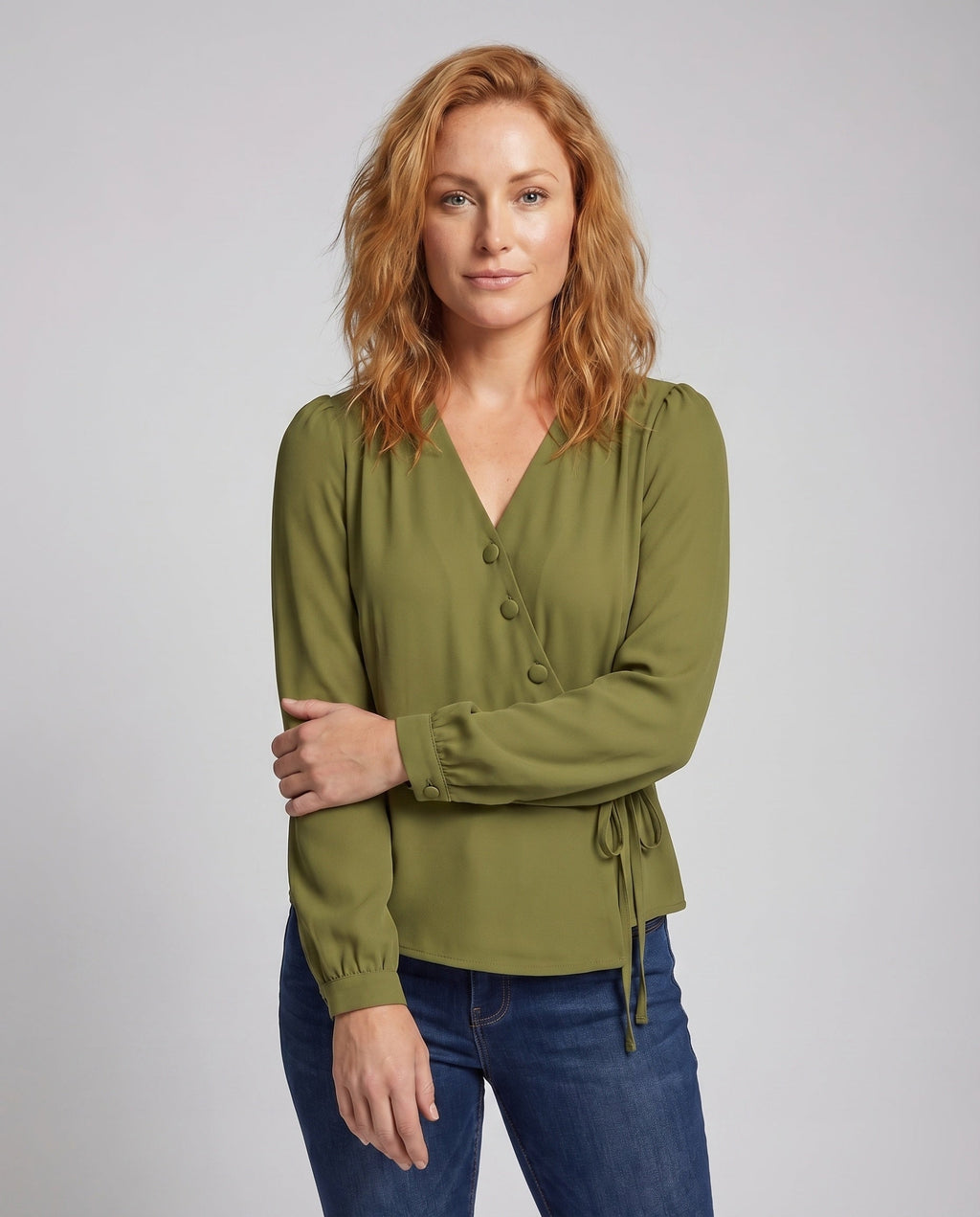 Women's Elegant Blouse Shirt with Modern Wrap Design - Upper Body View