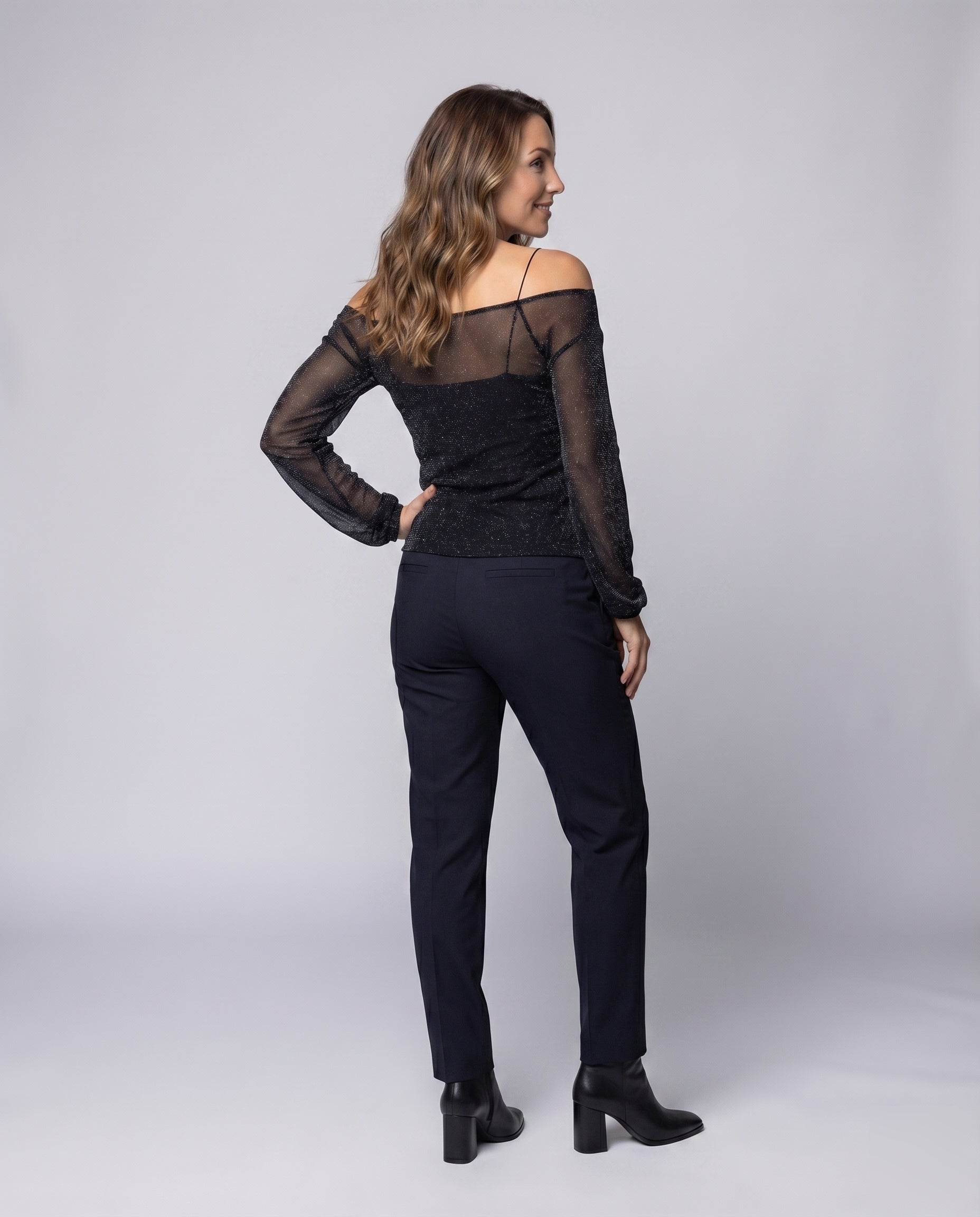 Women's Elegant, Sparkling Blouse Shirt with Transparent Sleeves - Back View