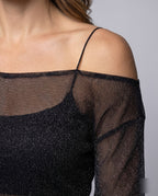 Women's Elegant, Sparkling Blouse Shirt with Transparent Sleeves - Close-Up Detail