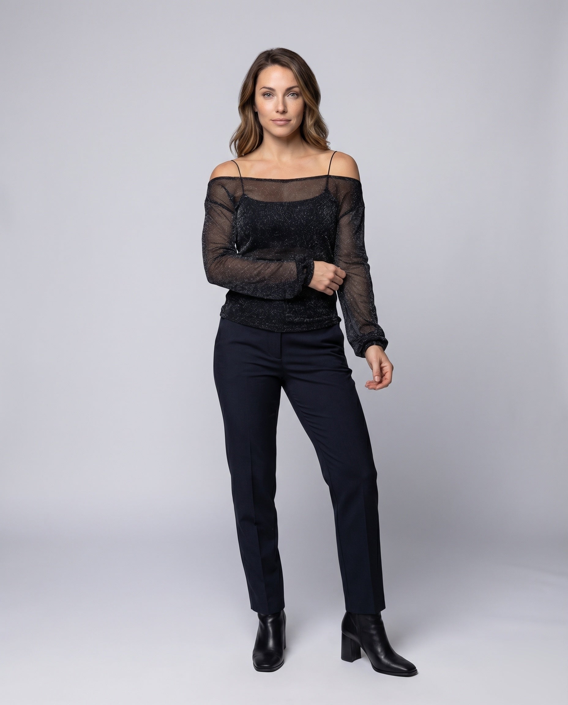 Women's Elegant, Sparkling Blouse Shirt with Transparent Sleeves - Front View