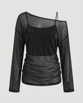 Women's Elegant, Sparkling Blouse Shirt with Transparent Sleeves