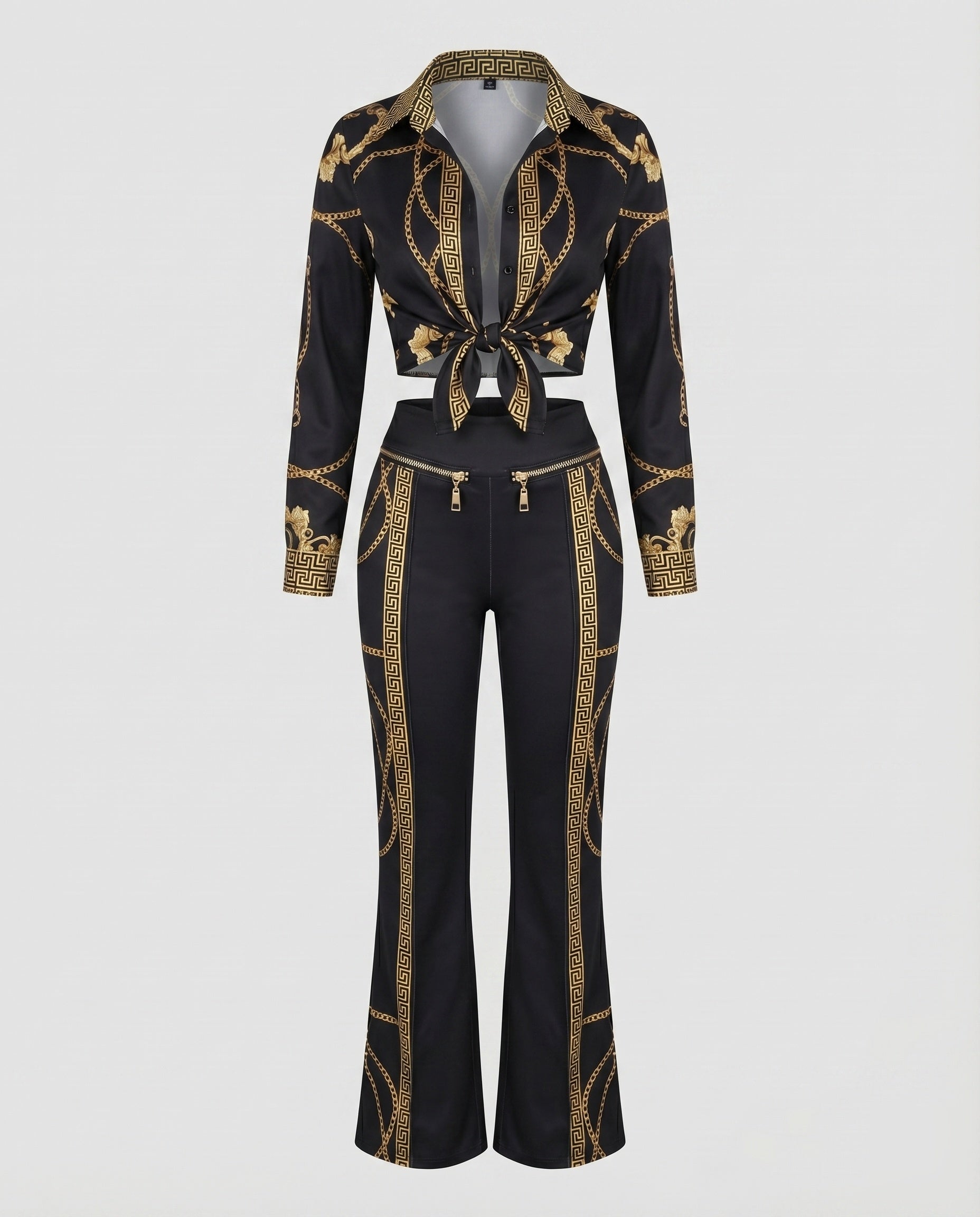 Women's Elegant Set with Blouse and Pants with Tie Belt