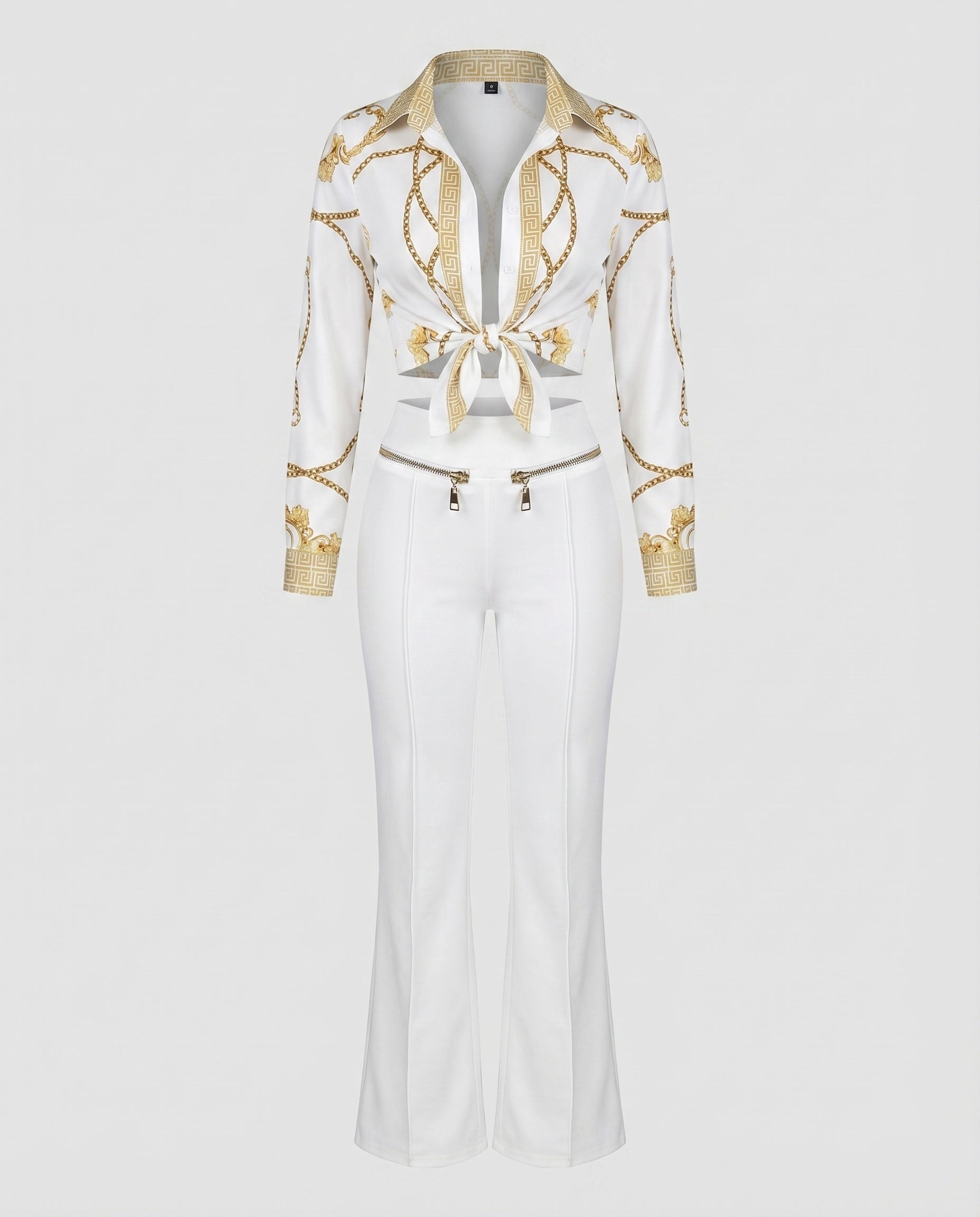 Women's Elegant Set with Blouse and Pants with Tie Belt