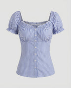 Women's Fitted Blouse Top with Ruffle Details and Button Placket