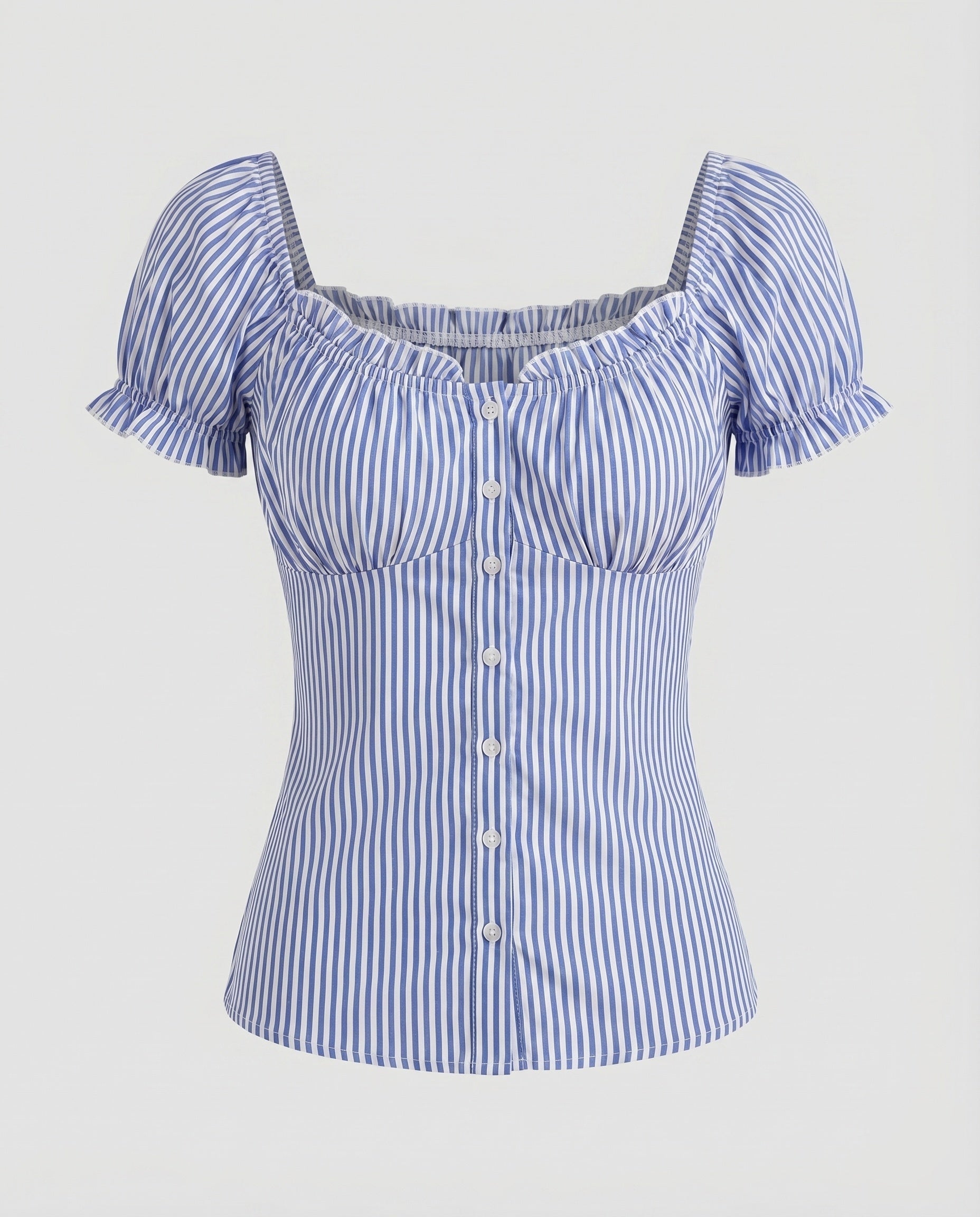 Women's Fitted Blouse Top with Ruffle Details and Button Placket
