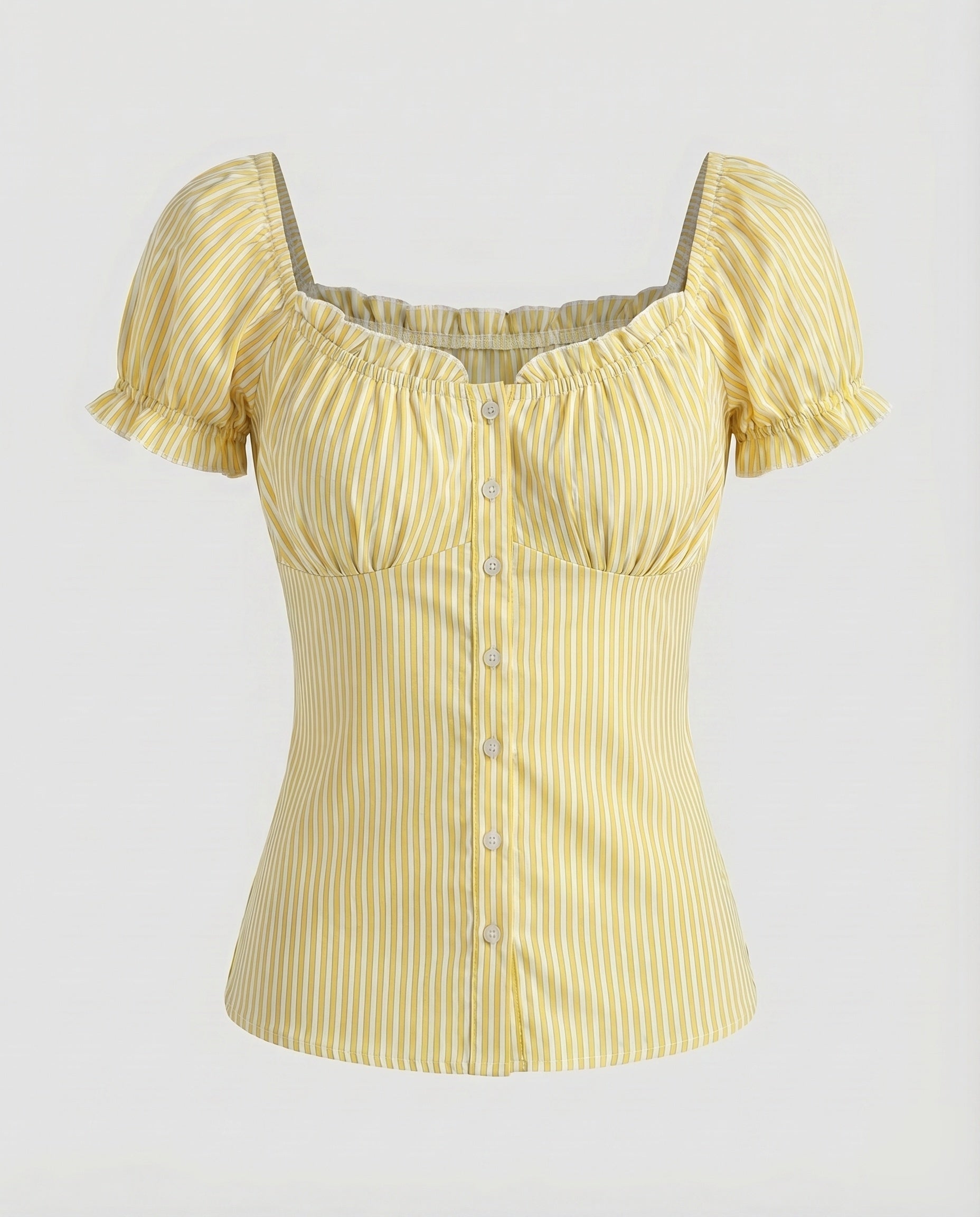 Women's Fitted Blouse Top with Ruffle Details and Button Placket