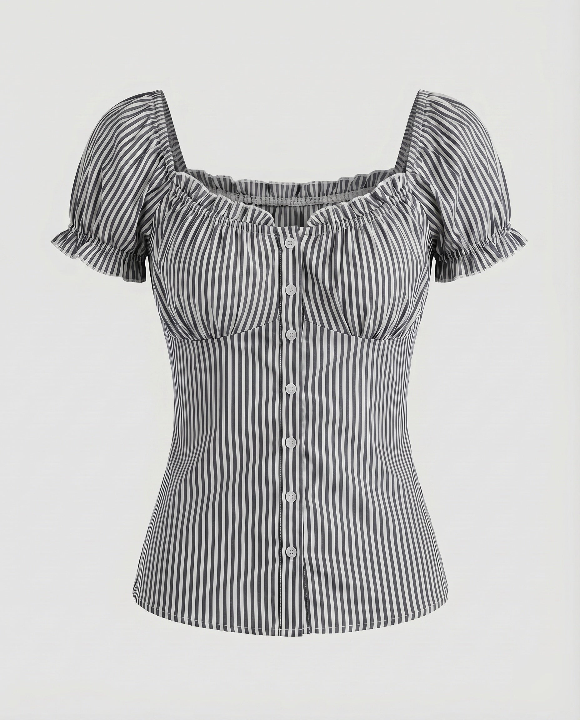 Women's Fitted Blouse Top with Ruffle Details and Button Placket