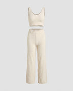 Women's Knitted Lounge Set with Sophisticated Crop Top, Wide Pant Leg