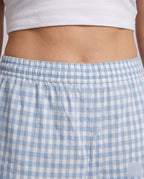 Women's Casual Harem Pants with Elastic Waistband and Checkered Design - Close-Up Detail