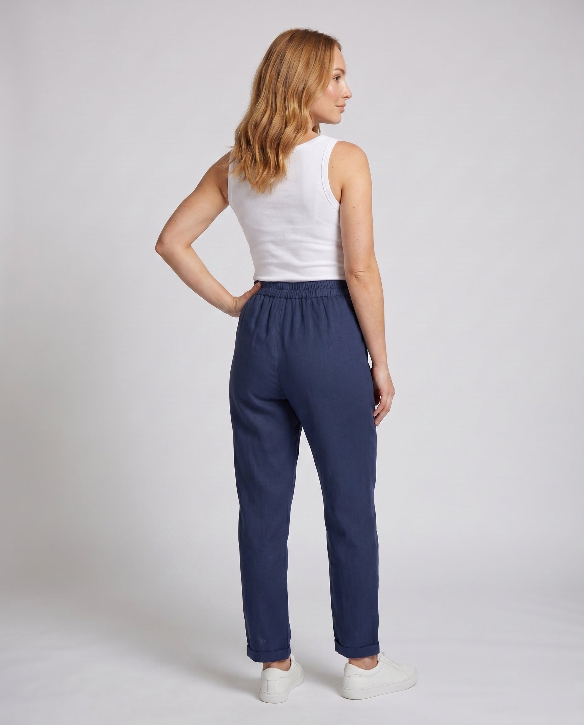 Women's Loose Casual Pants with Practical Pockets, Decorative Buttons - Back View