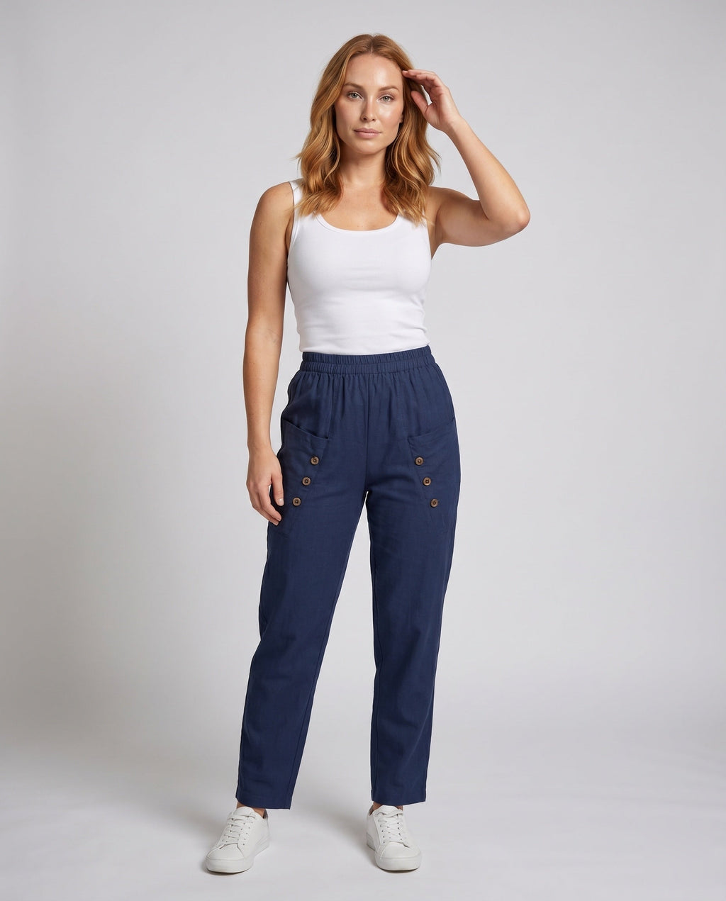 Women's Loose Casual Pants with Practical Pockets, Decorative Buttons - Front View