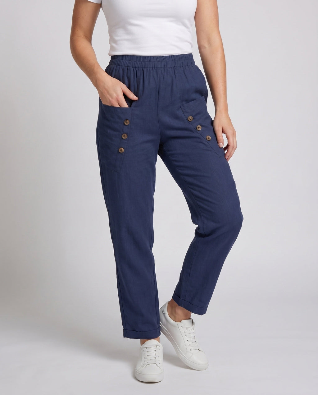 Women's Loose Casual Pants with Practical Pockets, Decorative Buttons - Lower Body View