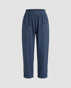 Women's Loose Casual Pants with Practical Pockets, Decorative Buttons