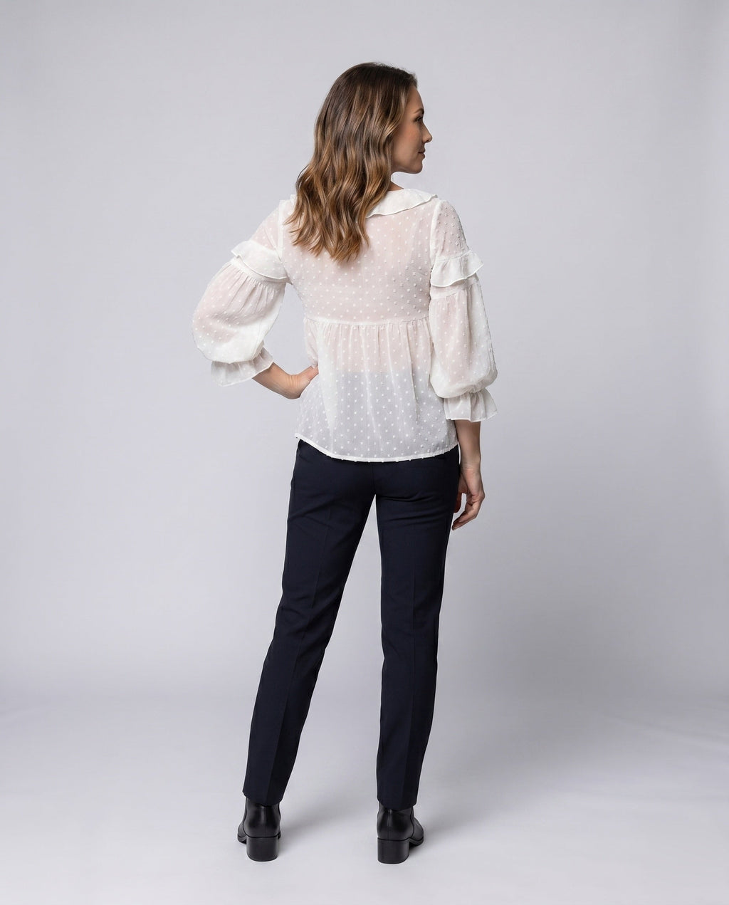 Women's Airy Blouse Shirt with Ruffle Hem and Puff Sleeves - Back View