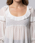 Women's Airy Blouse Shirt with Ruffle Hem and Puff Sleeves - Close-Up Detail