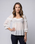 Women's Airy Blouse Shirt with Ruffle Hem and Puff Sleeves - Upper Body View