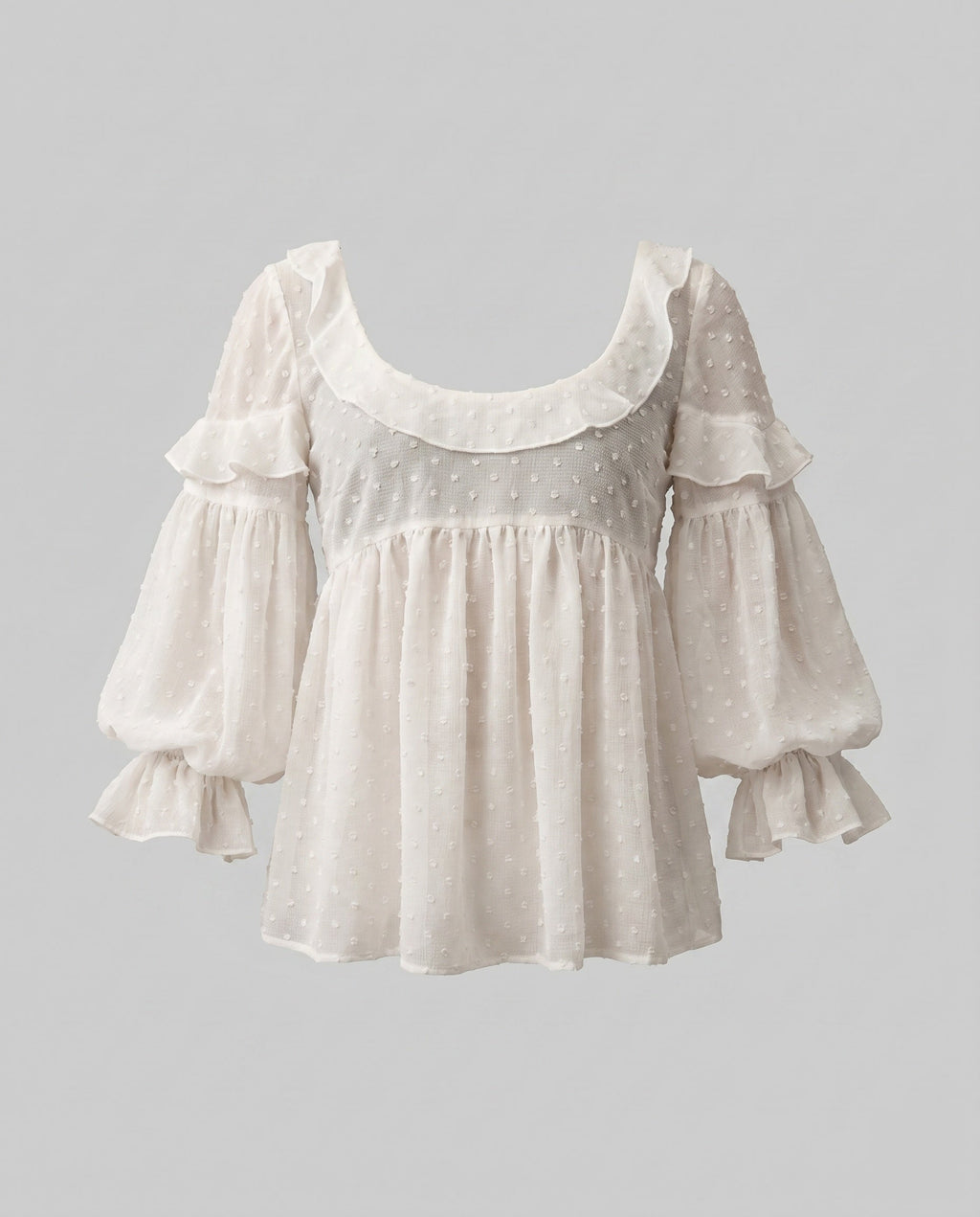 Women's Airy Blouse Shirt with Ruffle Hem and Puff Sleeves