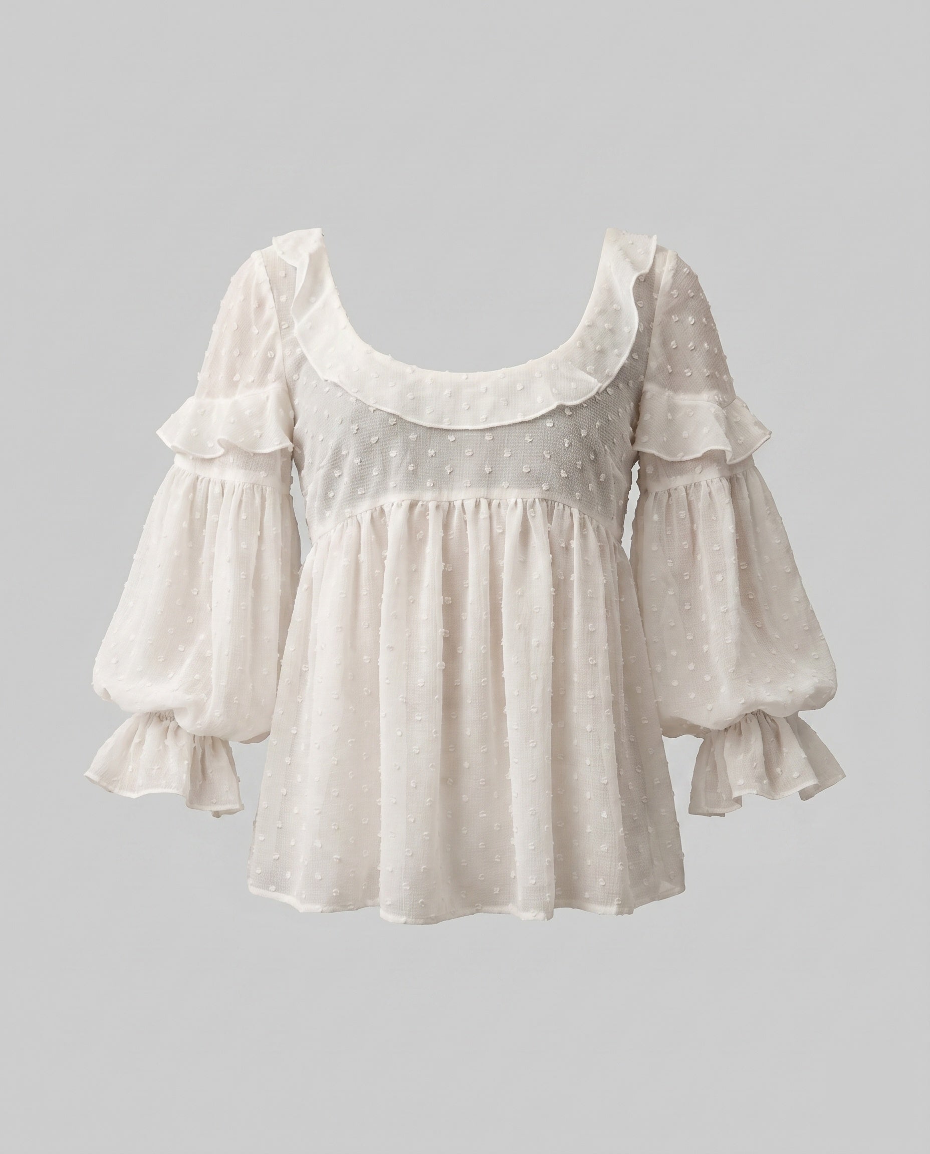 Women's Airy Blouse Shirt with Ruffle Hem and Puff Sleeves