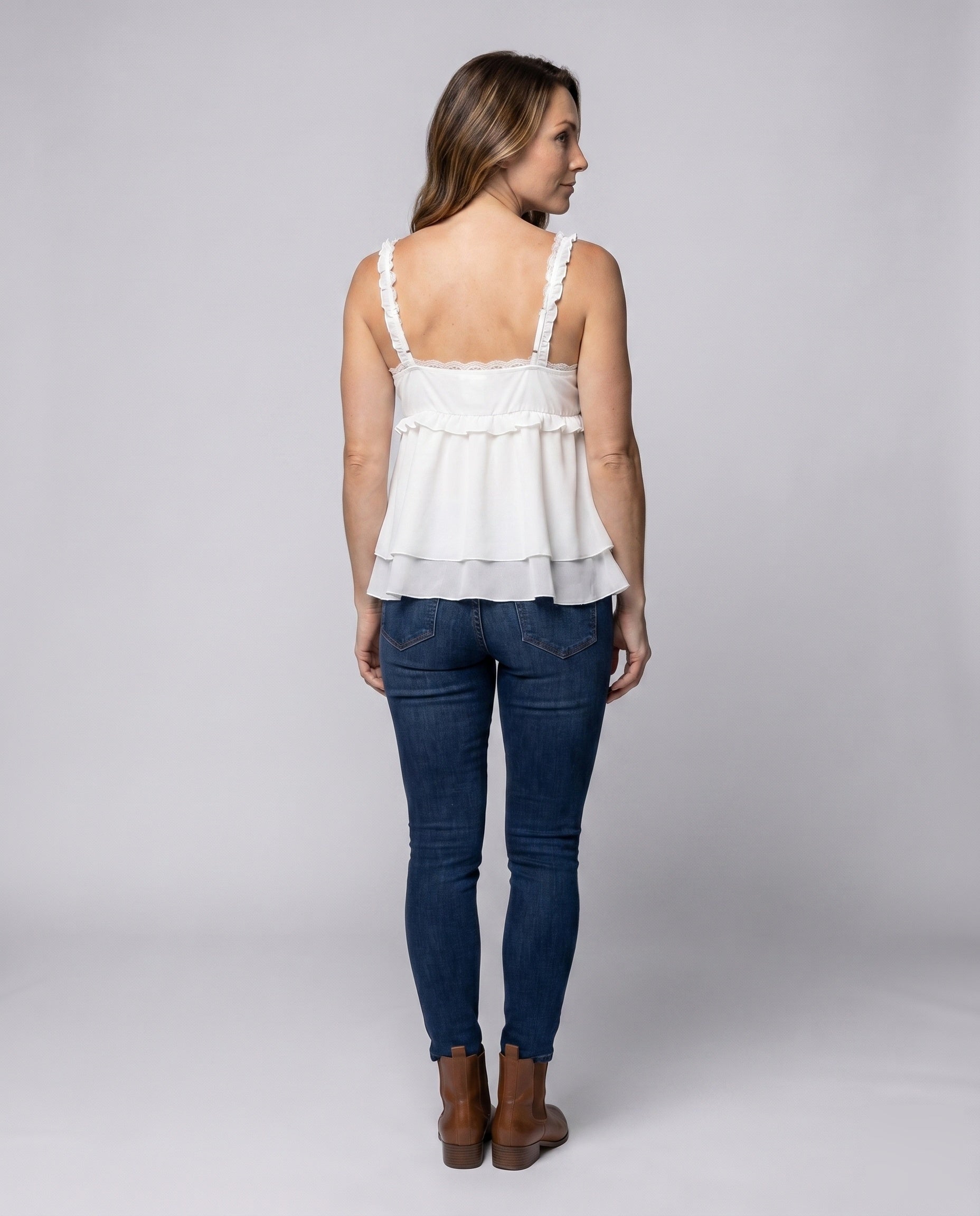 Women's Airy Blouse Top with Ruffle Details and Stylish Drawstring - Back View