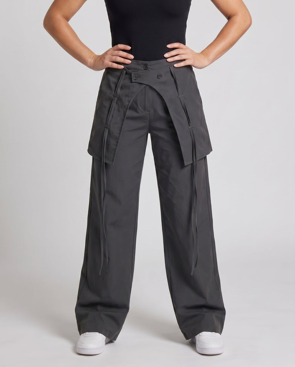 Women's Stylish High-Waisted Cargo Pants with Adjustable Drawstring - Lower Body View