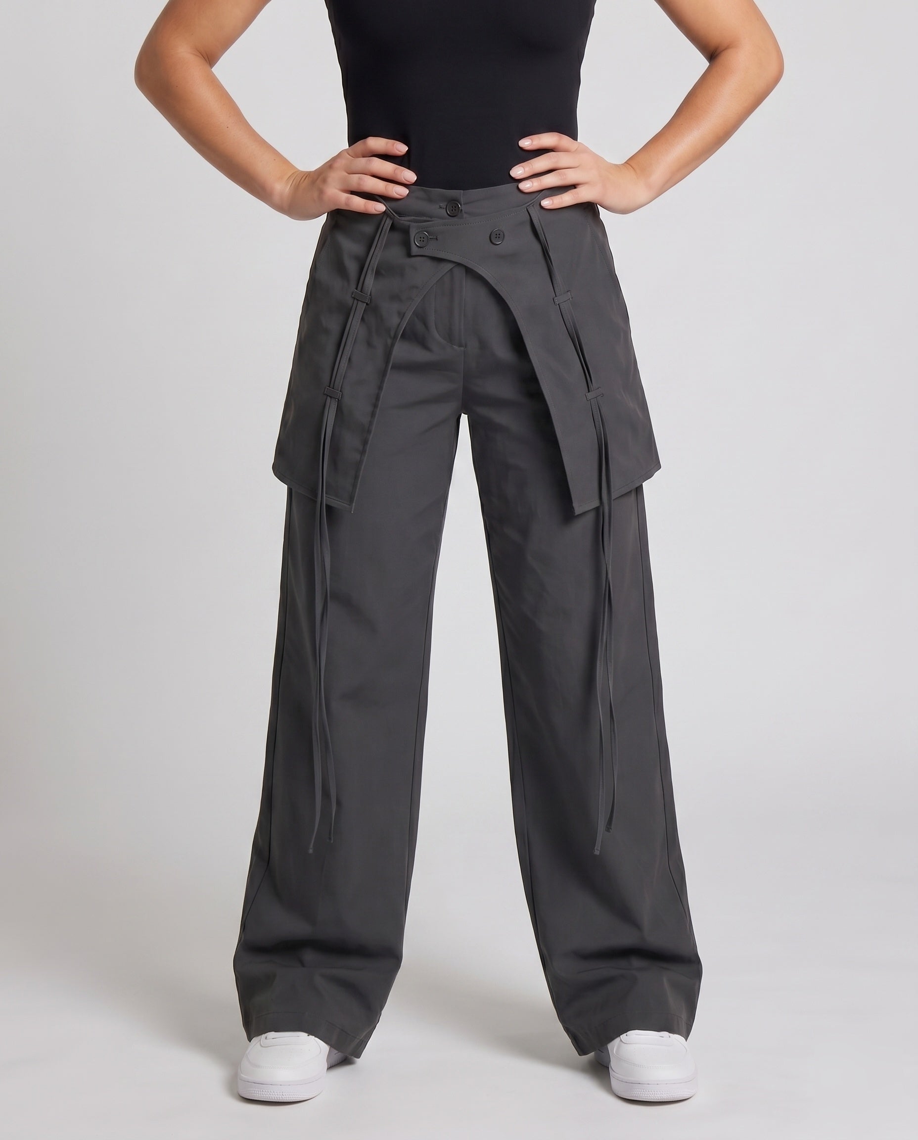 Women's Stylish High-Waisted Cargo Pants with Adjustable Drawstring - Lower Body View