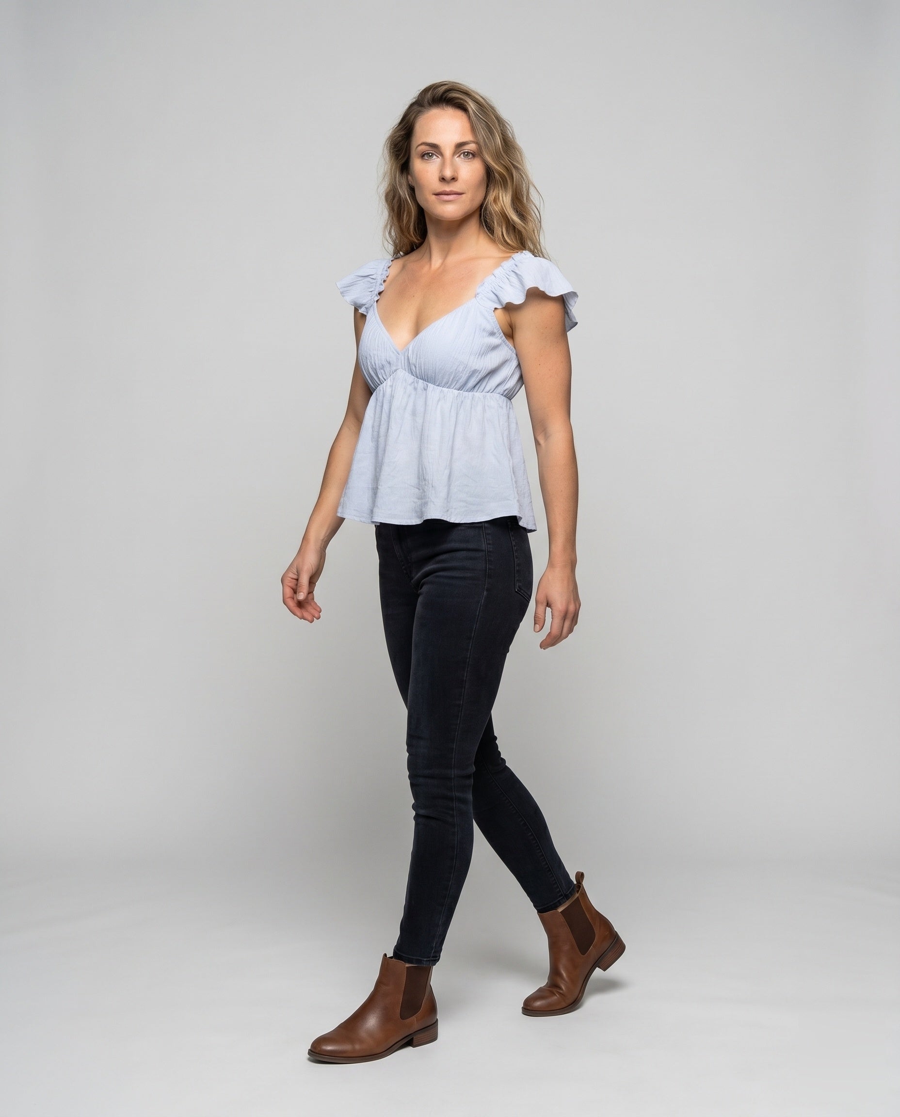 Women's Romantic Blouse Top with Ruffle Details - Front View