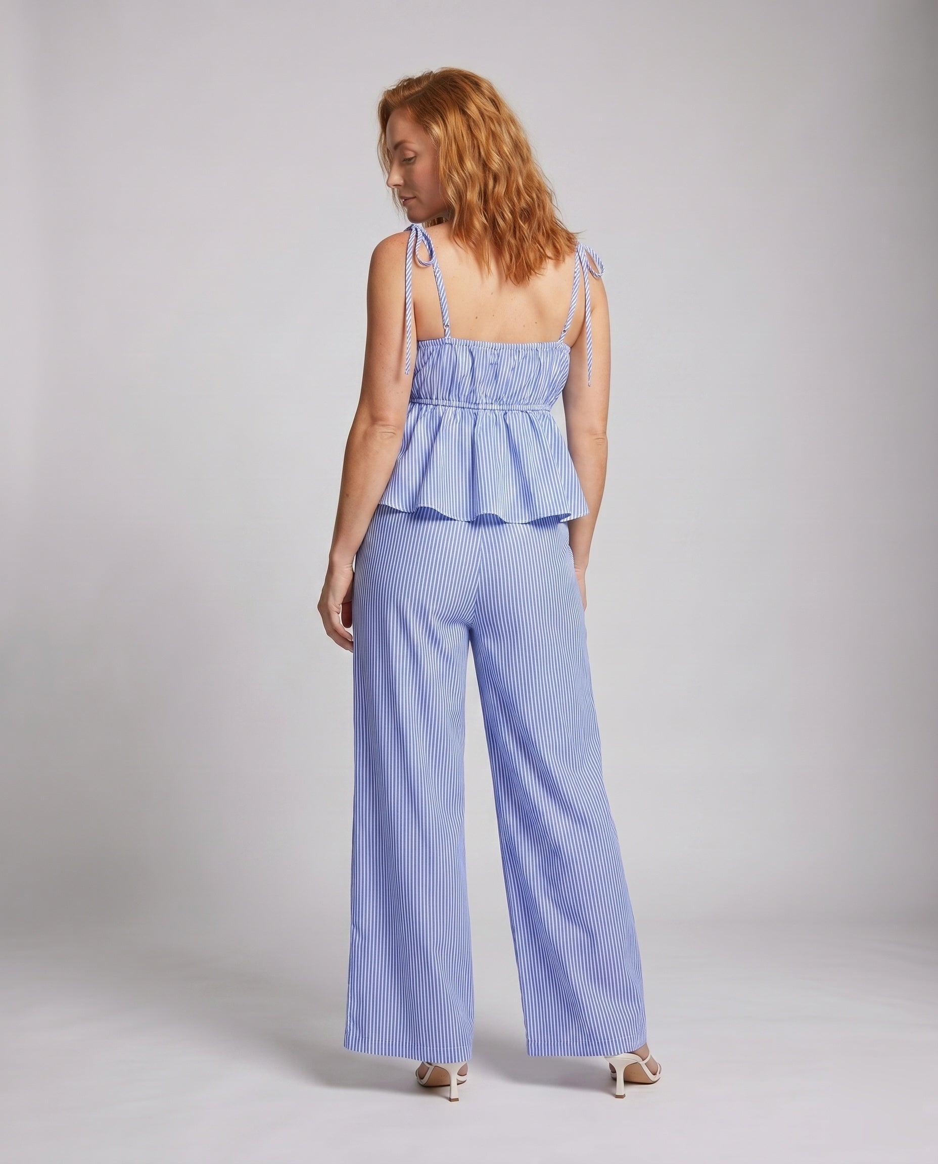 Women's Two-Piece Set with Lace Top and Wide Pants - Back View