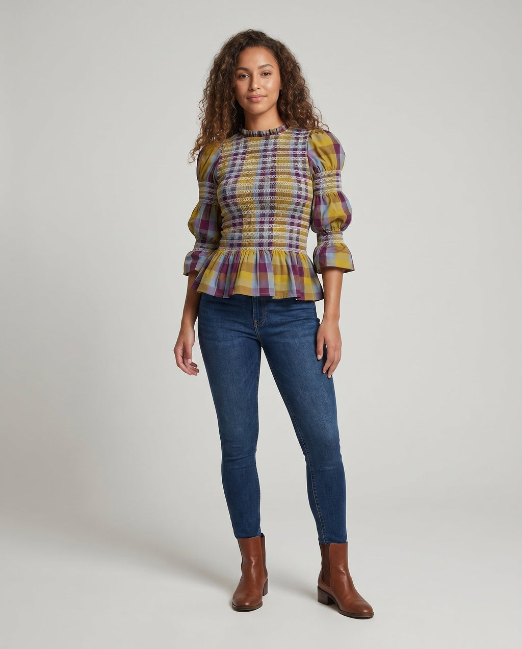 Women's Blouse Shirt with Unique Smoke Design and Elegant Puff Sleeves - Front View