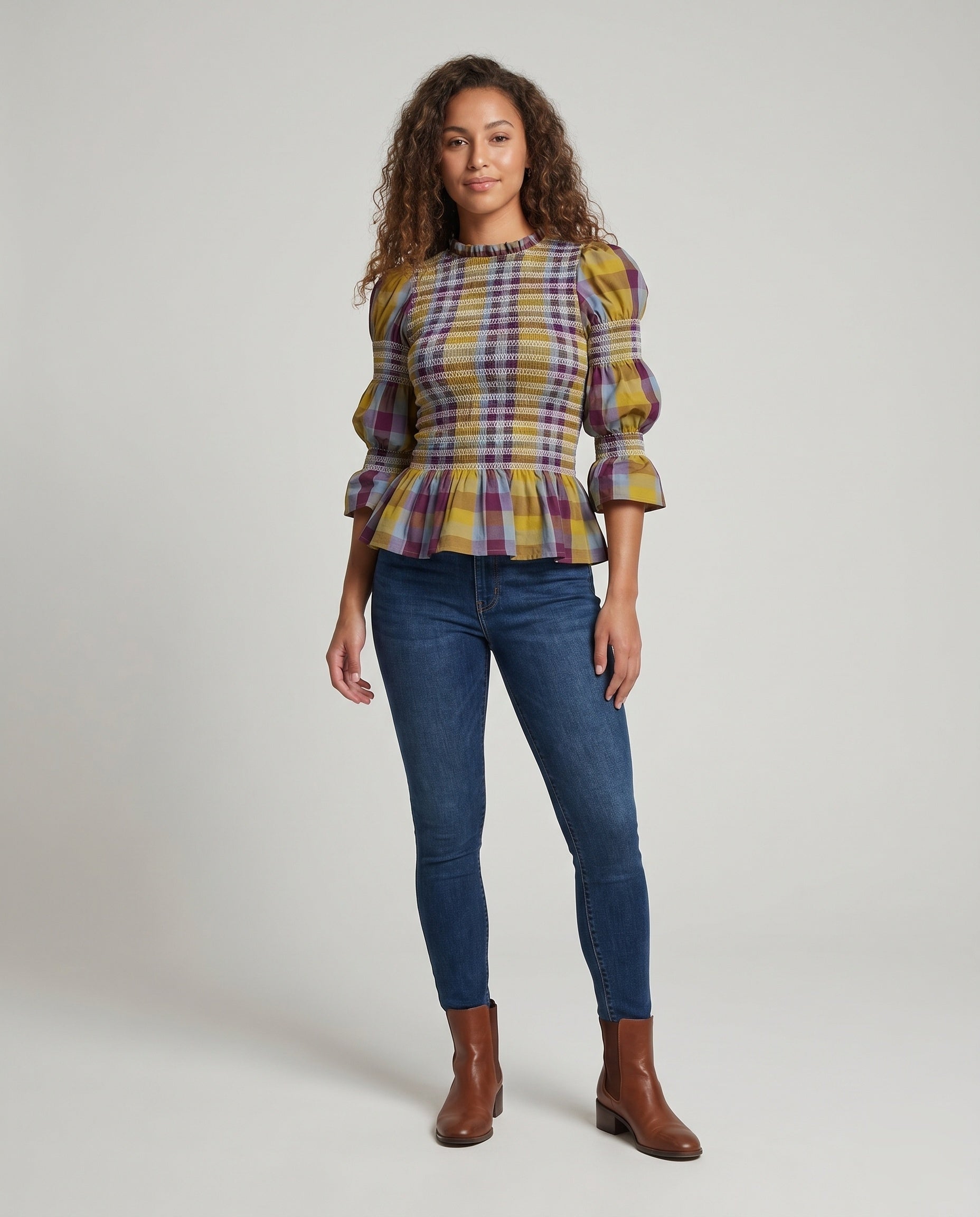 Women's Blouse Shirt with Unique Smoke Design and Elegant Puff Sleeves - Front View