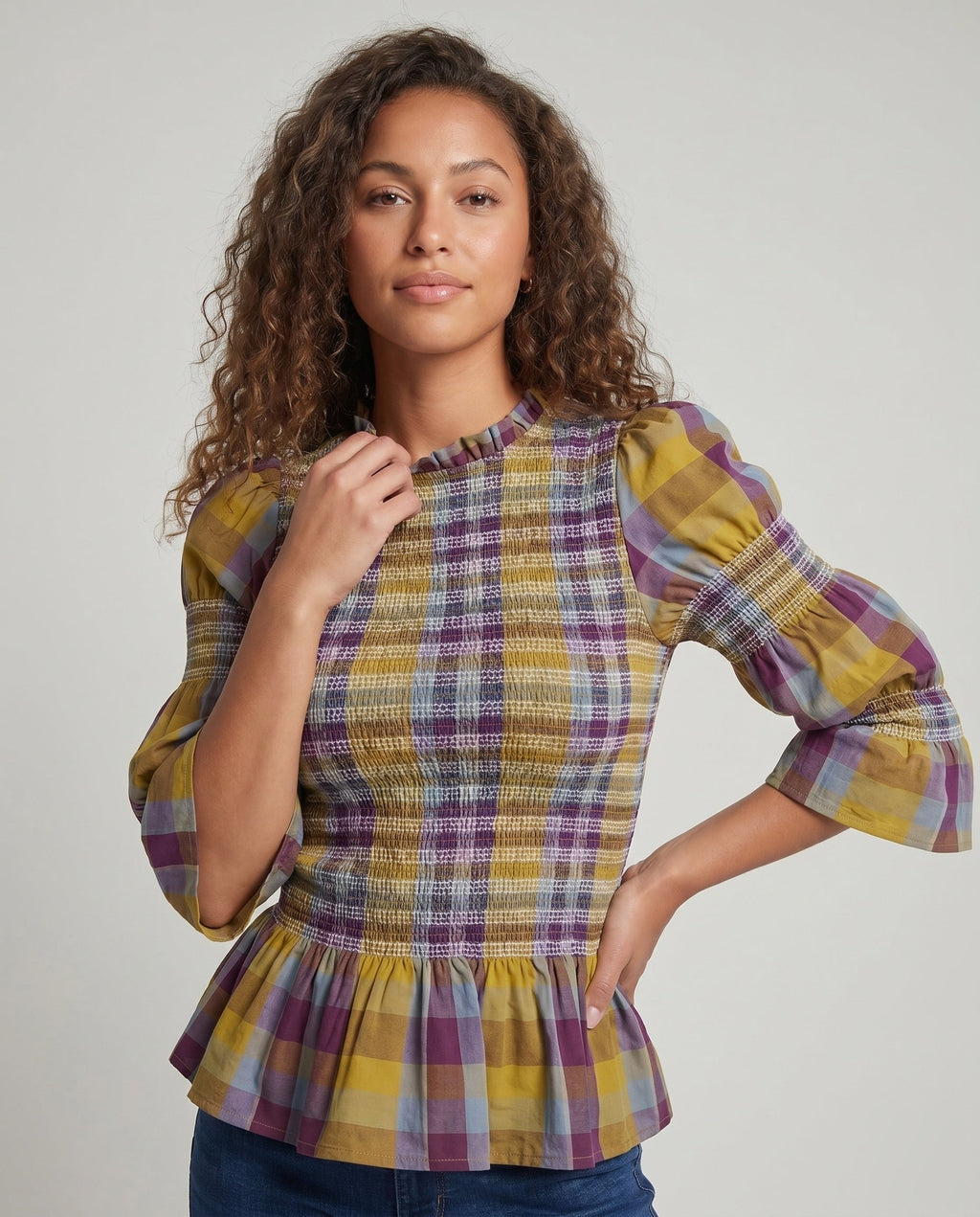 Women's Blouse Shirt with Unique Smoke Design and Elegant Puff Sleeves - Upper Body View