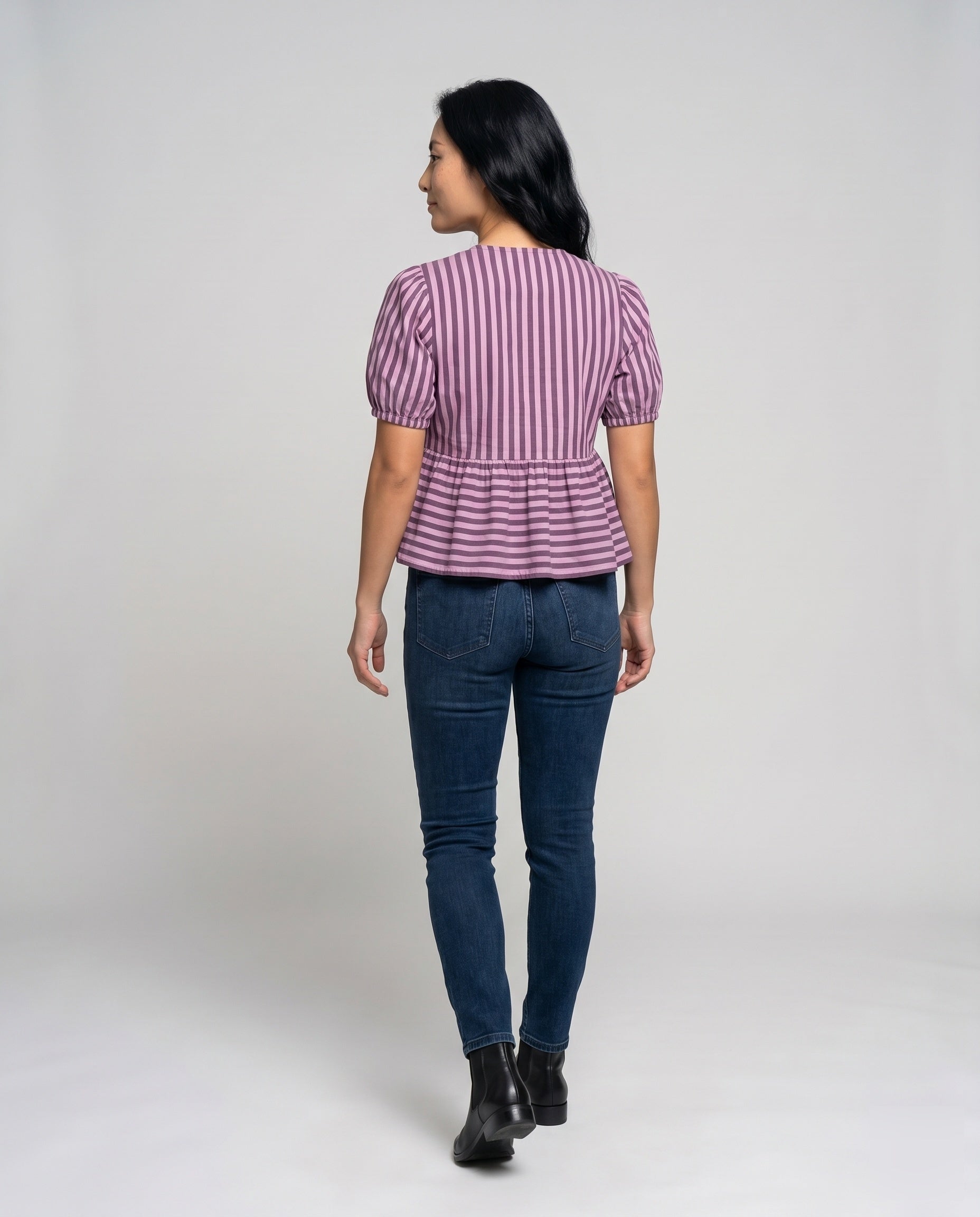 Women's Blouse Shirt with Playful Ruffle, Striped Pattern Country Girl - Back View