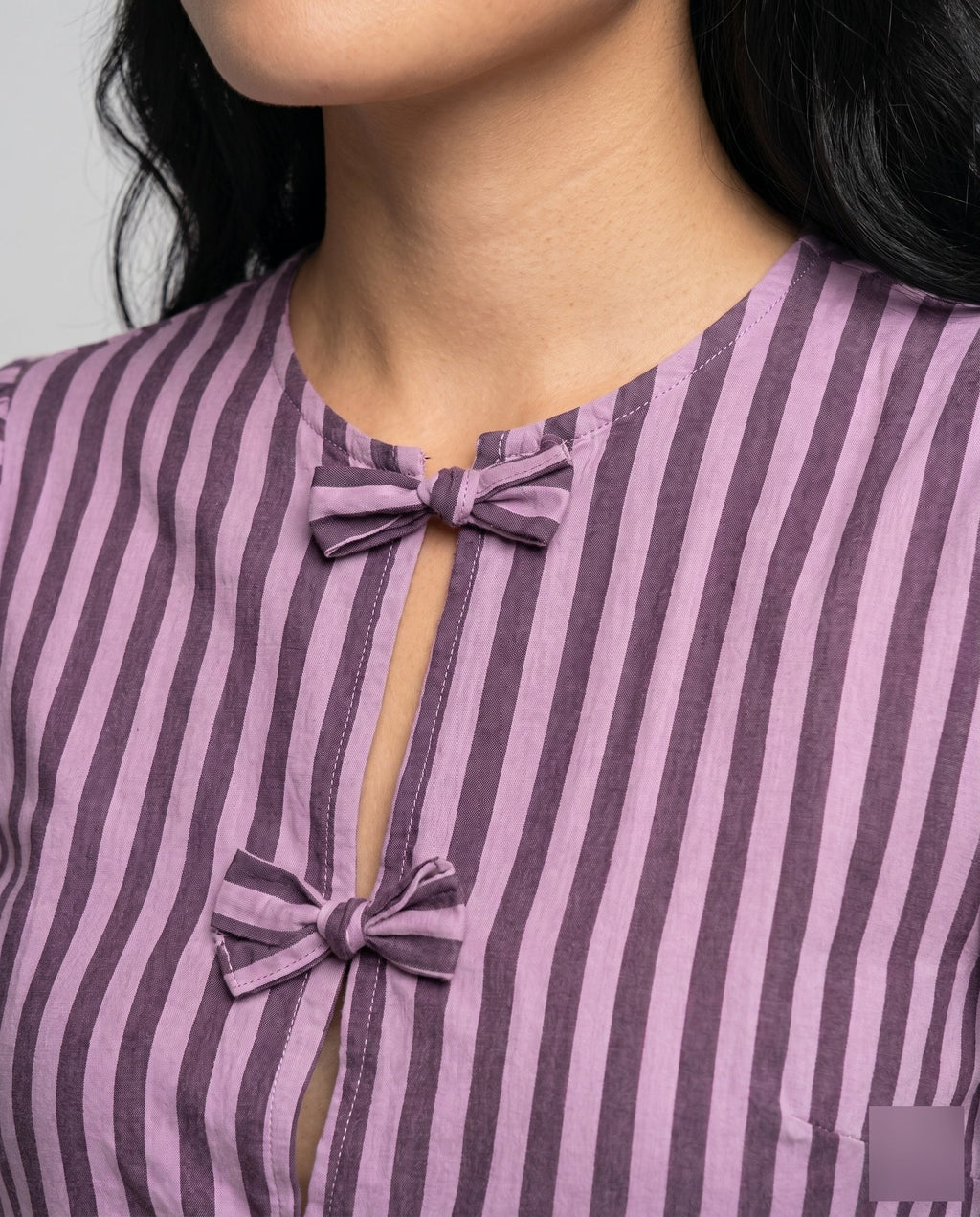 Women's Blouse Shirt with Playful Ruffle, Striped Pattern Country Girl - Close-Up Detail