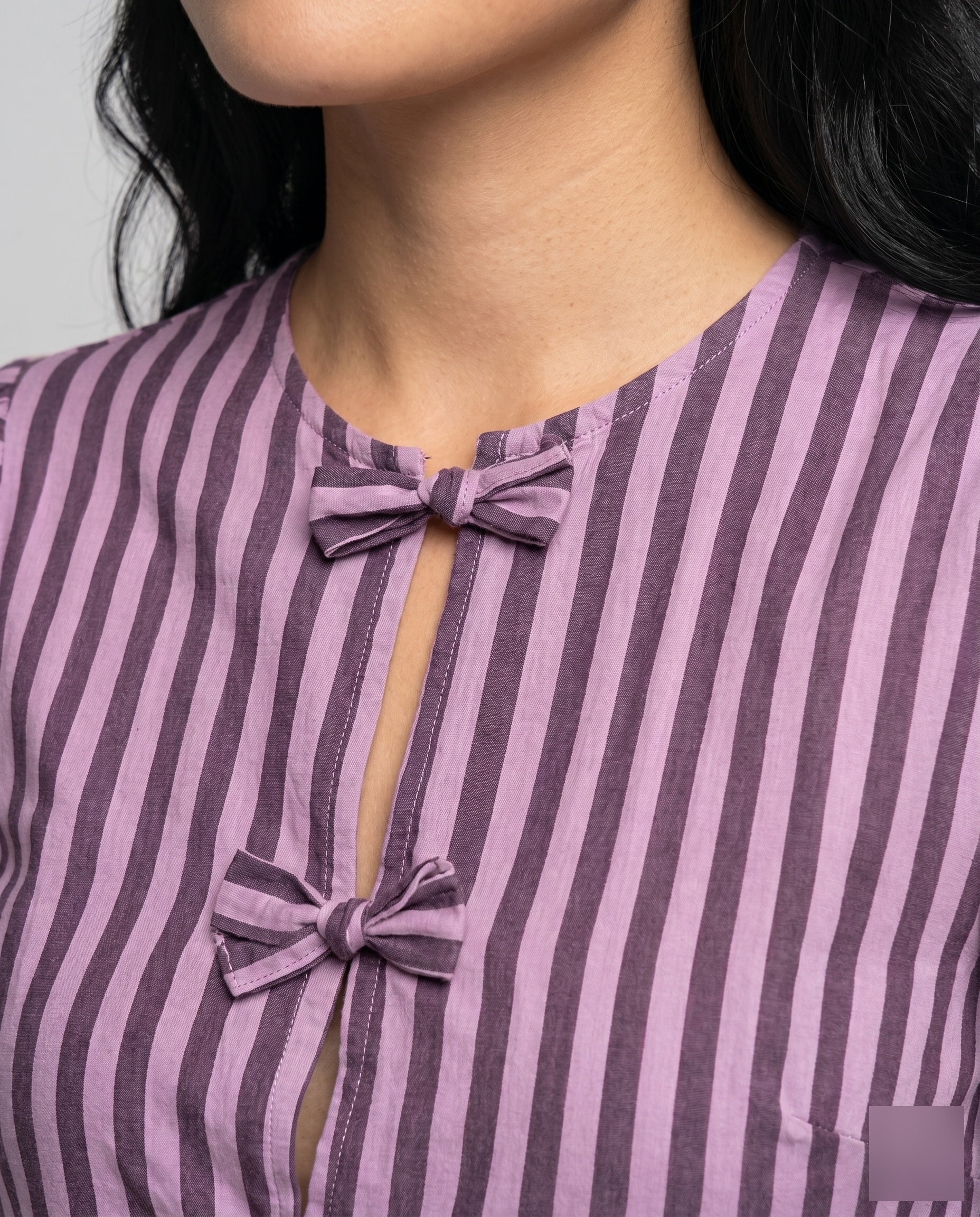 Women's Blouse Shirt with Playful Ruffle, Striped Pattern Country Girl - Close-Up Detail