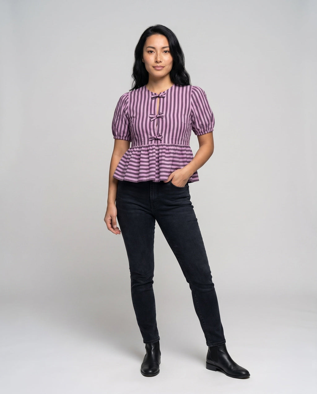 Women's Blouse Shirt with Playful Ruffle, Striped Pattern Country Girl - Front View
