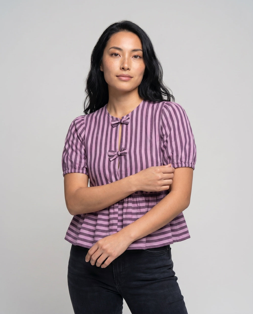 Women's Blouse Shirt with Playful Ruffle, Striped Pattern Country Girl - Upper Body View