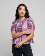 Women's Blouse Shirt with Playful Ruffle, Striped Pattern Country Girl - Upper Body View