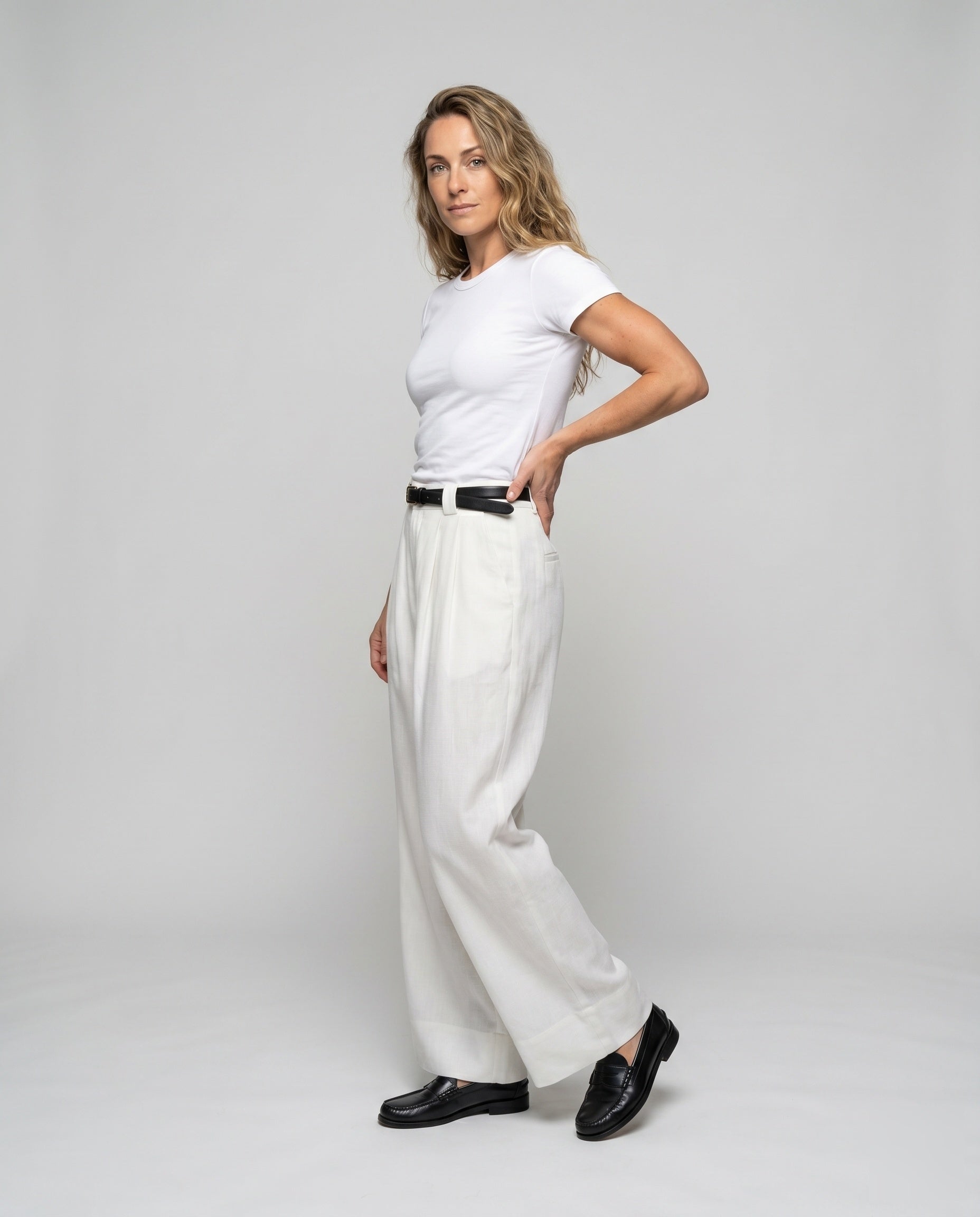 Women's Elegant Wide Linen Pants with High-Waisted Cut - Front View