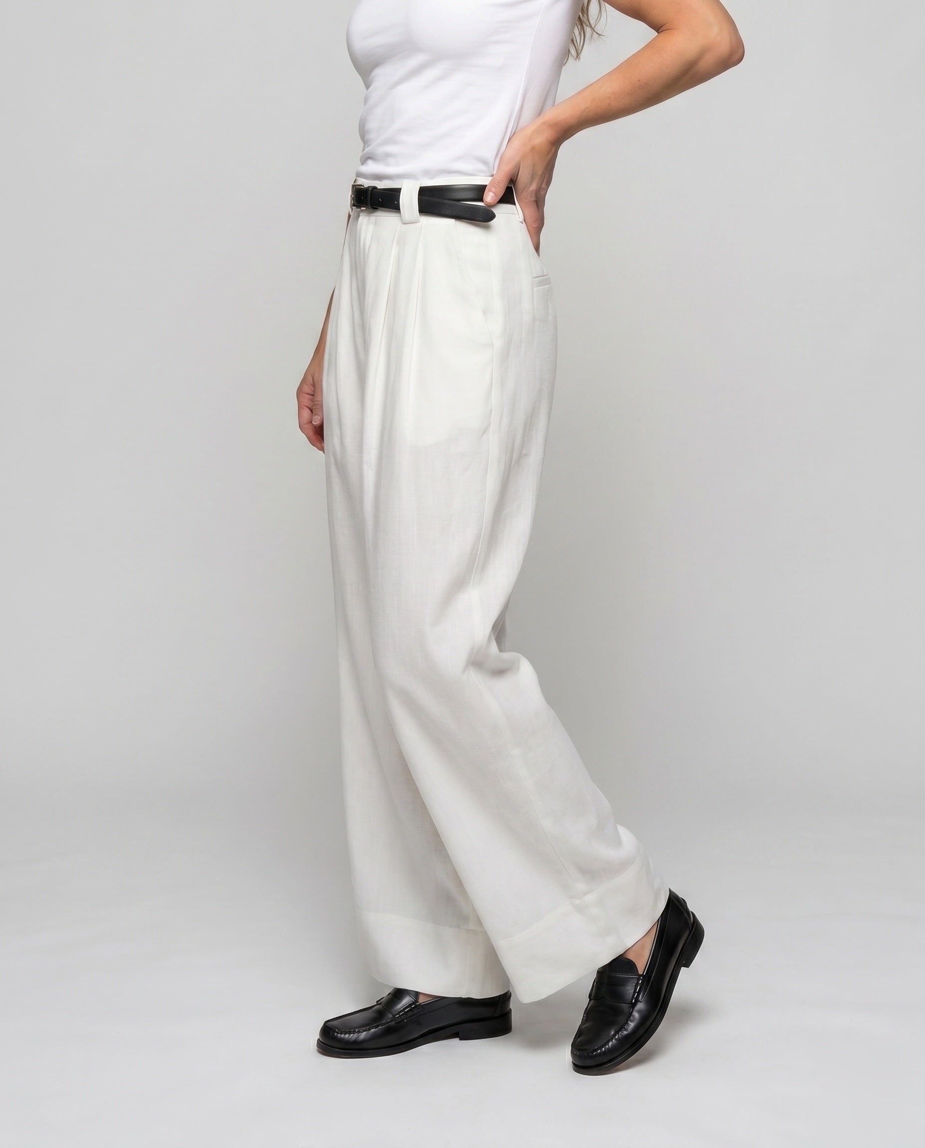 Women's Elegant Wide Linen Pants with High-Waisted Cut - Lower Body View