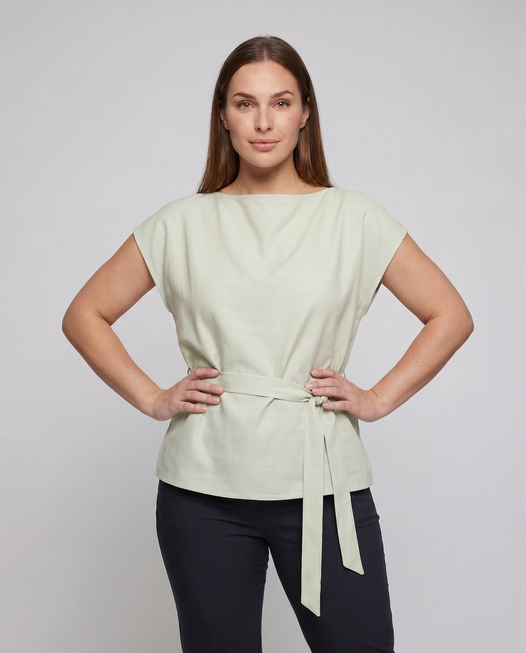 Women's Elegant and Stylish Blouse Top with Tieable Collar - Upper Body View